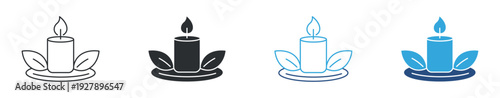 Aromatherapy spa icon set, candle with leaves symbol, wellness relaxation vector illustration