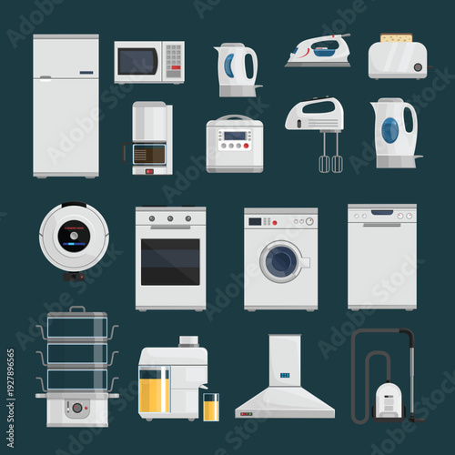 modern white home and kitchen appliance flat icons, featuring essential household electronics for domestic life and utility.
