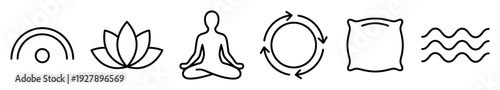 Minimalist black line art wellness icon set featuring a meditating yogi, lotus flower, pillow, waves, and symbols for balance, representing self-care and mindfulness