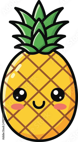 Smiling cartoon pineapple with green leaves and rosy cheeks fruit yellow