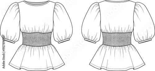 Women elegant short puff sleeve peplum top with smocked waist and round neck fashion technical sketch cad drawing flat vector illustration