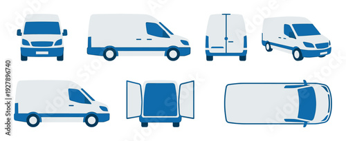 Commercial delivery van vector icon set in blue and white, showing the vehicle from various perspectives such as front, back, side, top, and three-quarter views