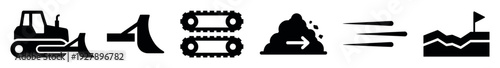 Set of black construction icons showing a bulldozer, its parts like blade and tracks, and the process of moving earth to reach a goal with a flag, representing progress