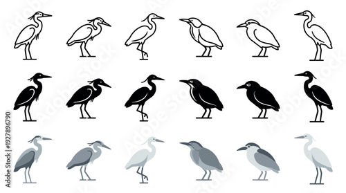 Collection of heron and egret bird illustrations in various poses, presented as a set of icons in three distinct styles: simple line art, solid black silhouette, and flat color design