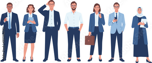 Diverse business professionals standing portrait set, office staff team with devices and documents, corporate avatars, flat vector illustration