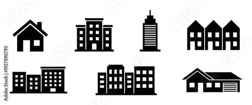Collection of black building and house icons showing different architectural styles like skyscrapers, apartments, townhouses, and suburban homes in a clean vector silhouette design