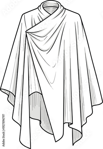Women elegant white draped poncho or shawl with asymmetric wrap design fashion technical sketch cad drawing flat vector illustration template