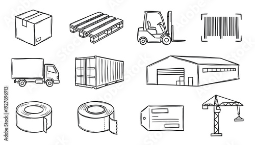 Set of logistics and shipping icons hand-drawn in a simple black and white doodle style, featuring a truck, forklift, warehouse, container, box, pallet, and barcode for supply chain concepts