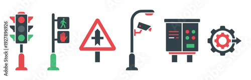 Set of road safety and traffic management icons in a flat, minimalist design, showcasing a traffic light, pedestrian signal, intersection sign, security camera, and automation gear