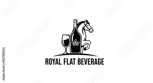 Elegant wine beverage logo featuring a rearing horse, bottle, and glass in black and white.