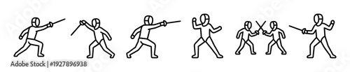 Set of black line art fencer icons showing athletes in various dynamic poses with swords for a sports competition or duel, presented in a minimalist pictogram style