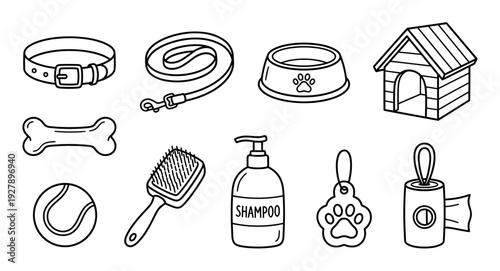 Collection of black and white dog care accessories including a collar, leash, bowl, and kennel, drawn in a simple line art doodle style for pet supply or grooming concepts