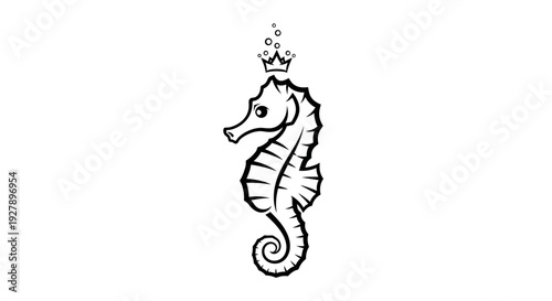Elegant seahorse wearing a royal crown with bubbles, black and white illustration