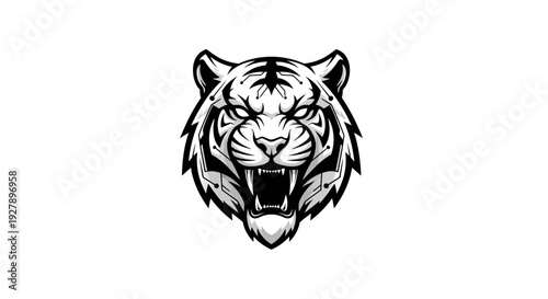Fierce Roaring Tiger Head Mascot Illustration in Black and White