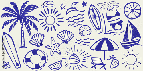 Blue line drawing collection of summer vacation icons including beach ocean and tropical elements
