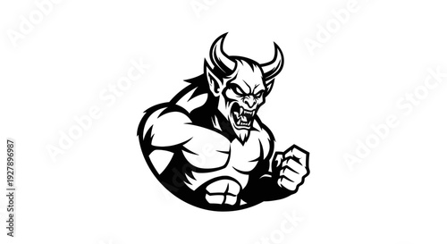 Fierce Horned Demon Mascot Logo Illustration - Muscular Monster Character