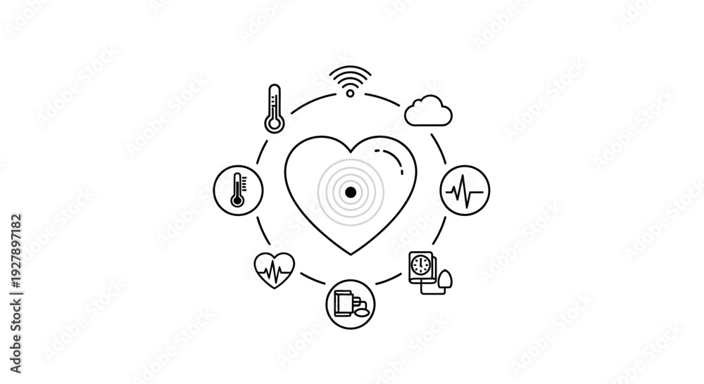 Obraz premium Digital Heart Health Monitoring Icons: ECG, Thermometer, Cloud, WiFi, Pills