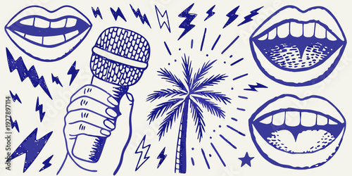 Blue line art illustration featuring mouths microphone palm tree and lightning bolts in a playful design