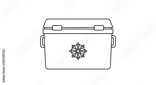 Cooler Box Icon with Snowflake, Black and White Line Art, Portable Fridge