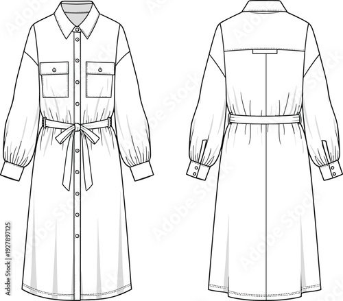 Women elegant long sleeve belted shirt dress with button down front and chest pockets fashion technical sketch cad drawing flat vector illustration
