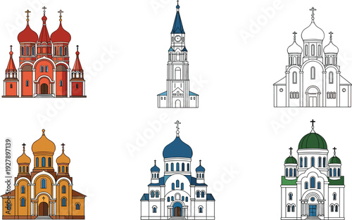 Set of flat line art illustrations featuring Russian Orthodox churches with colorful onion domes, cathedrals, bell towers, and traditional Christian religious architecture icons.