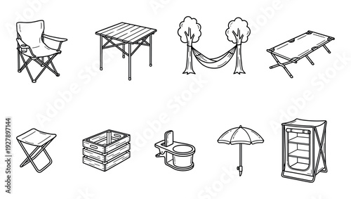 Set of camping equipment icons featuring a folding chair, table, hammock, cot, stool, crate, toilet, umbrella, and cupboard in a simple black and white line art illustration style