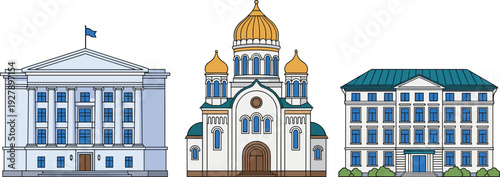 Set of hand drawn vector illustrations of historic city architecture featuring neoclassical government building with columns, orthodox cathedral with gold domes, and classic 