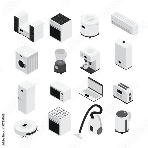 Isometric collection of 16 modern white household appliances and electronics, including kitchen tools, laundry equipment, and personal computing devices.