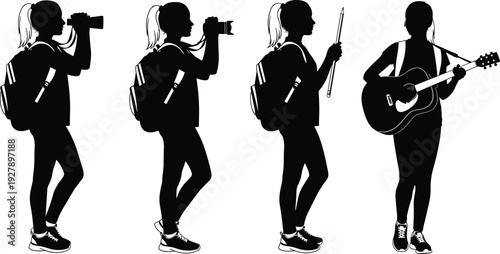Young woman silhouette performing creative activities with camera, drumsticks and guitar, artistic lifestyle and hobby concept, music, photography, creativity, isolated black vector illustration