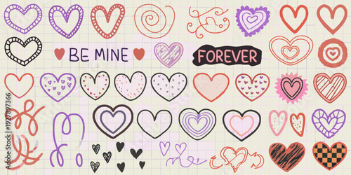 Hand drawn valentine s day doodles and lettering with hearts swirls and the words be mine and forever