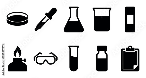 Set of black science laboratory icons including a petri dish, flask, beaker, test tube, and safety goggles in a simple minimalist vector illustration style for research concepts