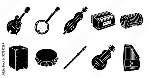 Set of black musical instrument glyphs featuring folk and world music objects like mandolin, banjo, accordion, and cajon in a simple minimalist icon style collection