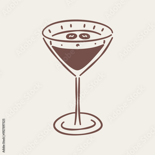 Minimalist hand-drawn espresso martini illustration with coffee beans, brown line art on beige background.