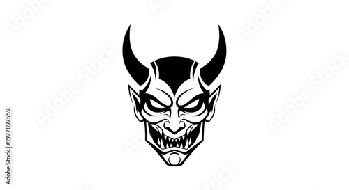 Menacing Devil Head with Horns and Sharp Fangs - Vector Graphic Illustration