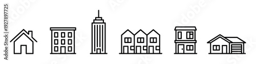 Set of black line art building icons showing various types of residential real estate like a house, apartment, skyscraper, and townhouse in a simple minimalist graphic style