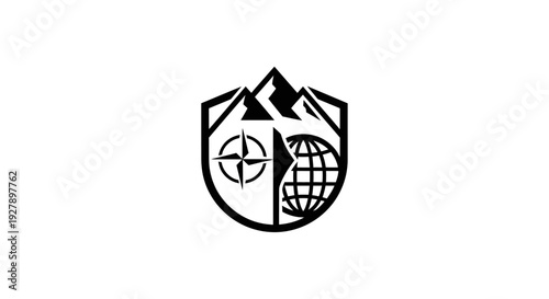 Mountain Compass Globe Shield Logo for Adventure Travel Exploration
