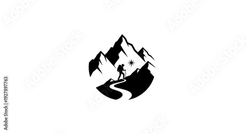 Mountain Hiking Adventure Silhouette Logo with Star and Winding Path