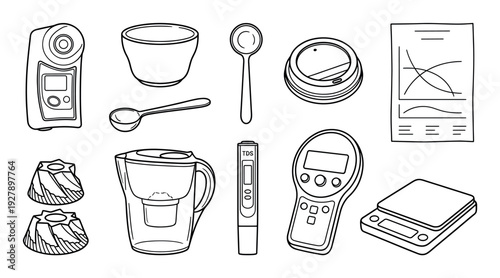 Hand-drawn coffee brewing and analysis tools featuring a digital scale, refractometer, water filter pitcher, and cupping spoon, illustrated in a simple black outline sketch style