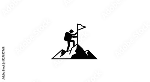 Mountain Climber Planting Flag on Peak Symbolizing Success and Achievement