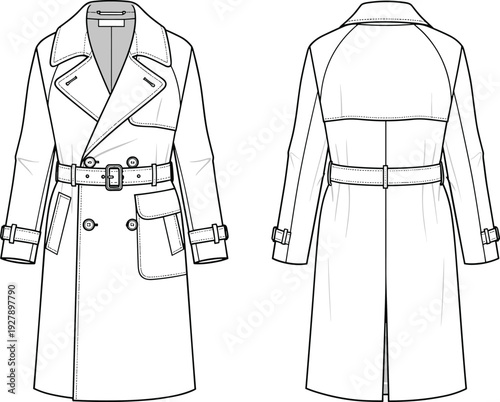 Professional double breasted trench coat with belted waist and storm flap fashion technical sketch cad drawing flat vector illustration template