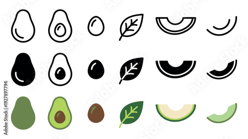 Avocado fruit icon set in three styles including line art, solid silhouette, and flat color design, showing whole, half, slice, pit, and leaf elements for graphic design