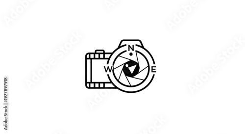 Photography Travel Direction Icon: Camera with Compass and Aperture Logo