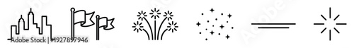 Set of black line icons showing a cityscape, flags, fireworks, and stars representing a festive formula that equals a celebration sparkle symbol in a minimalist style