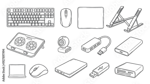Various hand-drawn computer peripherals and accessories are neatly arranged in a simple, illustrative outline style, showcasing essential tech gadgets for modern work and leisure