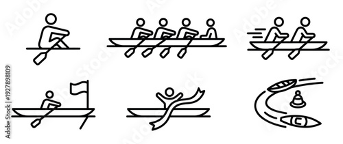 Six black outline icons illustrating various rowing and canoeing activities, featuring single sculls, crew boats, and competitive racing elements like finish lines and buoys