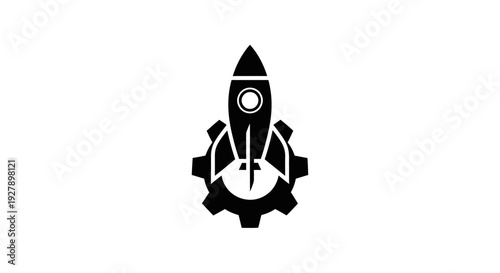 Rocket Launching from Gear Icon - Startup, Technology, and Engineering Concept