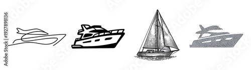 Four distinct black and white boat illustrations showcase various marine vessels in diverse artistic styles, including line art, solid silhouette, detailed engraving, and stipple texture
