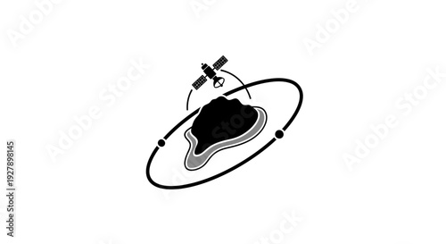 Satellite Orbiting Island Planet Icon for Global Monitoring and Space Technology