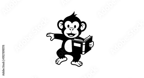 Smiling Cartoon Monkey Character Holding Open Book, Education and Learning Concept