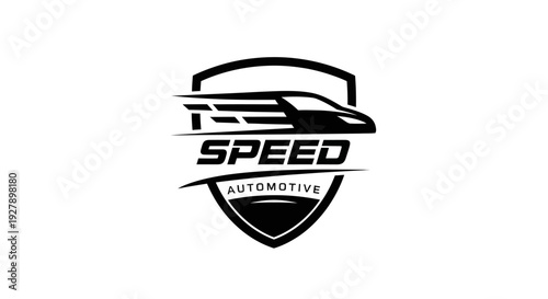 Speed Automotive Car Logo Design with Fast Moving Vehicle in Shield Icon